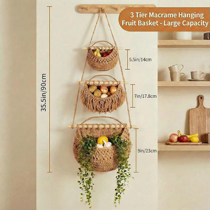 3 Tier Hanging Fruit Basket, Jute Wall Baskets Removable, Portable Produce - Image 2