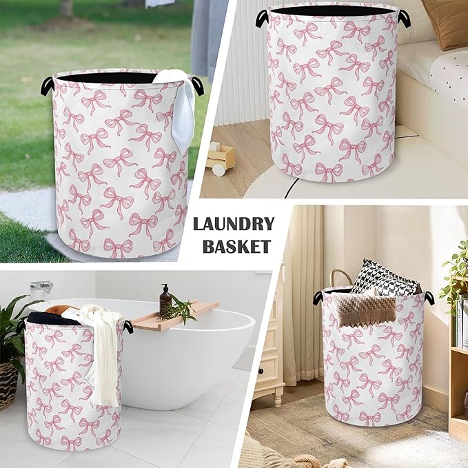 Cute Pink Bow Laundry Basket, Foldable Oxford Cloth Tote Bag Laundry Hamper - Image 4