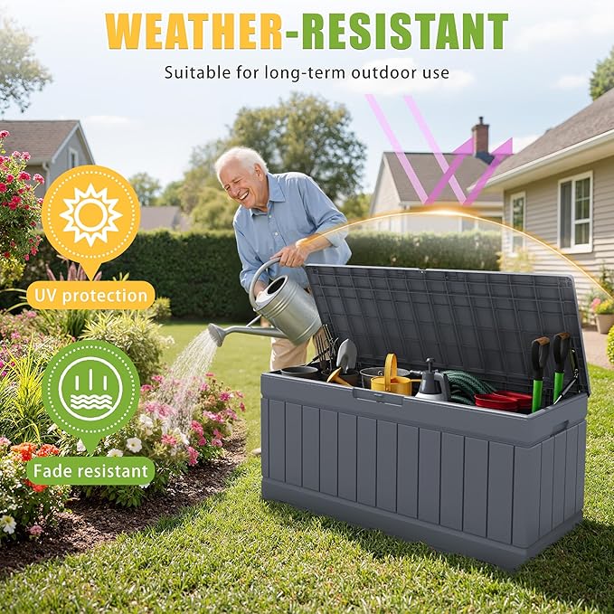 Greesum Outdoor Storage Box 82 Gallon Storage Bin with Lid for Patio Furniture, Garden Tools, Pool Supplies, Waterproof and UV Resistant, Lockable, Gray - Image 3