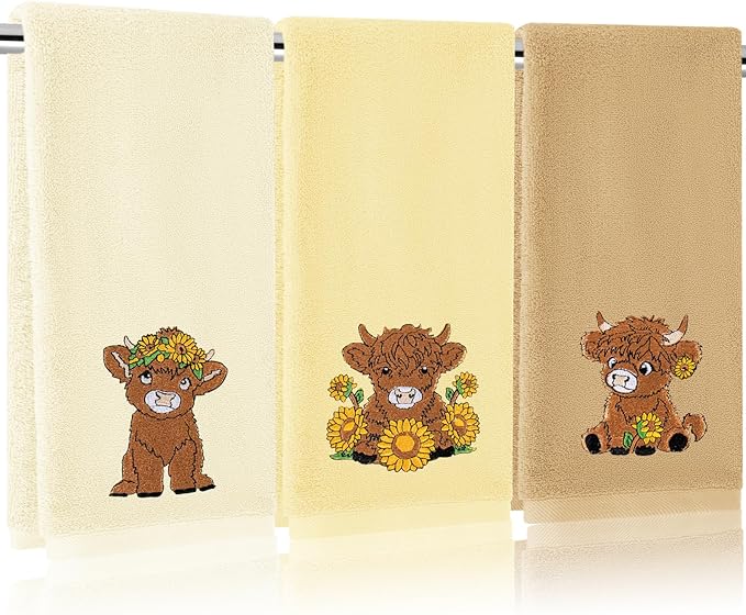 3Pcs Highland Cow Sunflower Hand Towels Cotton Embroidered Bathroom Towels by FYSUIMU