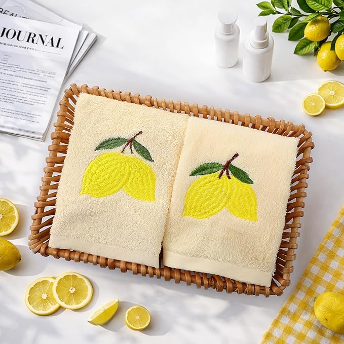 2 Pcs Lemon Hand Towels Lemon Yellow Bathroom Decor 14x29 Inch Embroidered 100% - Image 2