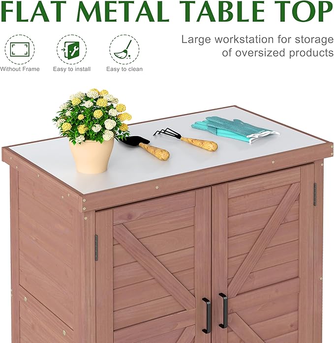 Outdoor Storage Cabinet & Potting Bench Table with Metal Top, Wooden Patio Furniture, Garden Workstation (Royal Brown, 36x31x17in) - Image 3