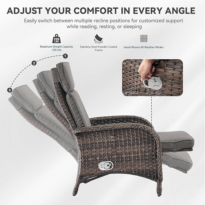 Zero Gravity Wicker Patio Recliner Chair - Wicker Outdoor Lounge Chair with Adjustable Backrest & Footrest, All Weather Outdoor Reclining Chairs with Thick Cushion for Pool Deck Gray - Image 6