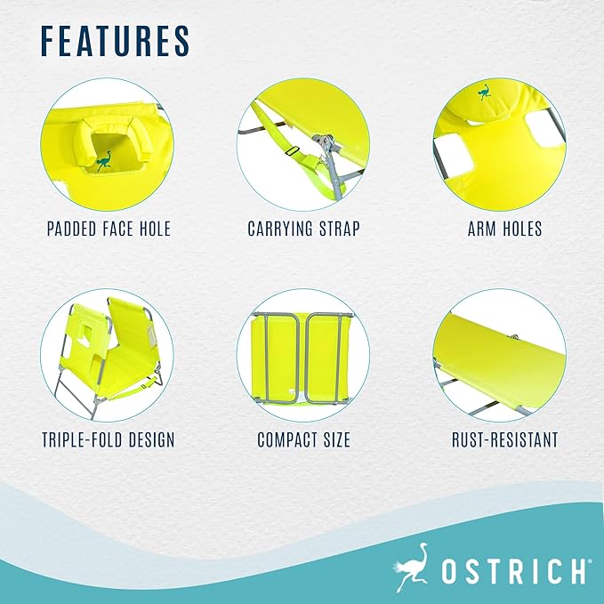 Ostrich The Original Chaise 72 x 22 Inch Lounge Portable Reclining Lounger, Outdoor Patio, Beach, Lawn, Camping, or Pool Tanning Chair, Lime Green - Image 4