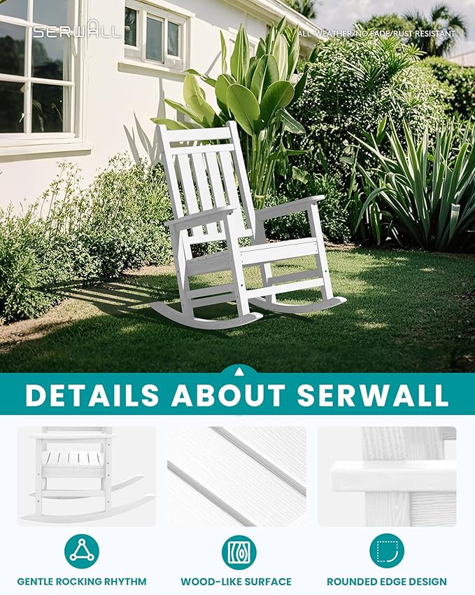 SERWALL Oversized Outdoor Rocking Chair Set of 2, HDPE Rocker for Adults, Patio Rocking Chairs for Porch, White - Image 4