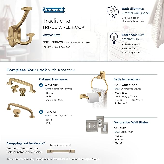 Amerock H37004CZ | Vicinity Triple Prong Decorative Wall Hook | Champagne - Image 6