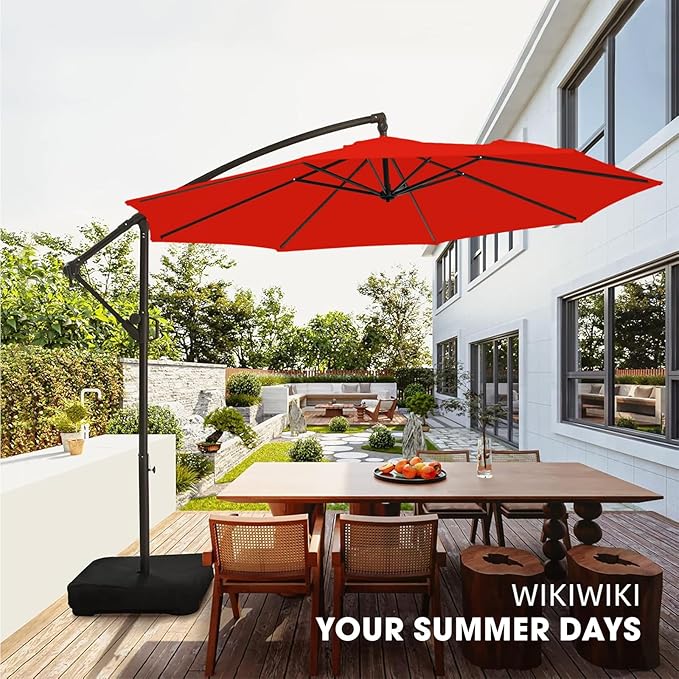 wikiwiki 10ft Patio Umbrella with Base Included, Outdoor Offset Cantilever Umbrella, Infinite Tilt, Crank and Cross Base, Light Red - Image 9