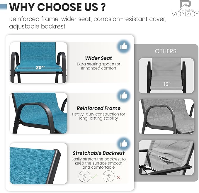 Patio Dining Chairs Set of 4, Stackable Dining Chairs High Back, Breathable Seat Fabric and Alloy Steel Frame Fit Backyard, Porch, Lawn，Poolside (Sky Blue) - Image 5