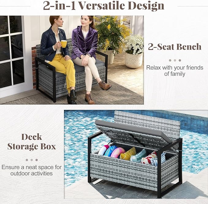 Tangkula 40 Gallon Outdoor Bench with Storage, Patio Wicker Storage Bench with Cushion, Cover, Metal Frame, Deck Box Seat for Backyard, Poolside, Balcony, Garden - Image 5