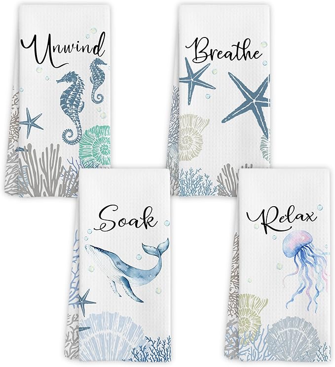 Coastal Hand Towels for Bathroom Set of 4, Relax Breathe Soak Unwind Decorative by Unknown