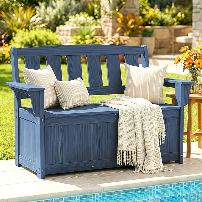 SERWALL HDPE Outdoor Storage Bench, All-Weather, UV-Resistant Deck Box with Waterproof Storage Bags, 57 Gallon Dual-Use Seat & Organizer Deck Boxes for Patio, Garden Tools & Pool (Navy Blue) - Image 2