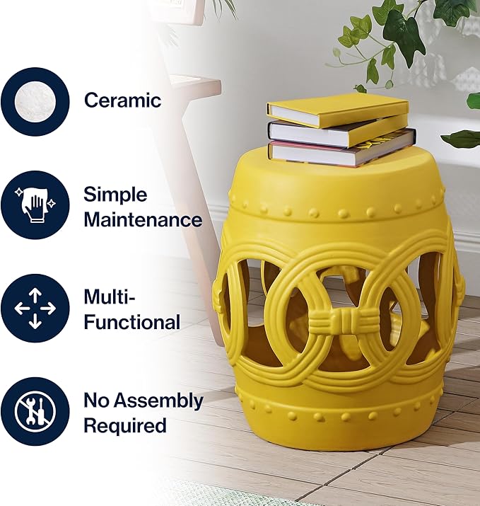 JONATHAN Y TBL1022E Lucky Coins 16" Chinese Ceramic Drum Indoor/Outdoor Garden Stool Bohemian, Coastal, Cottage, French Country, Traditional, for Living Room, Garden Room, Patio, Matte Yellow - Image 5