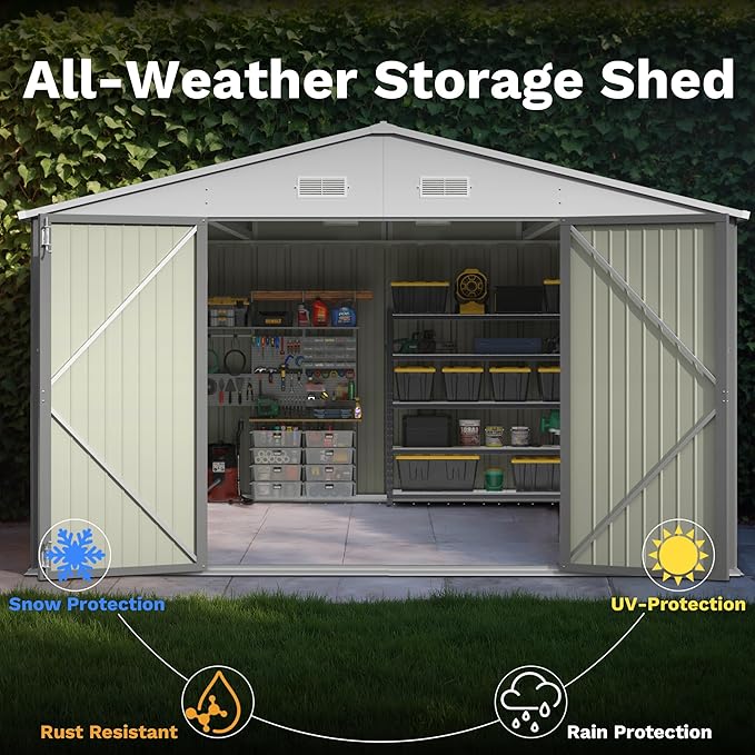 Patiowell 10x14 FT Outdoor Storage Shed, Large Metal Garden Shed with Lockable Door and Sloping Roof, Outside Steel Utility Tool Sheds for Backyard Lawn Garden Patio, Grey - Image 7
