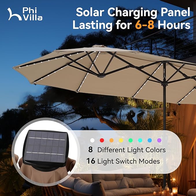 PHI VILLA 13ft Patio Umbrella with Solar-Powered 120 PCS LED Color-Changing Lights, Triple-Head Large Rectangle Umbrella Outdoor Patio for Table with Crank Lift,Beige(No Base) - Image 2