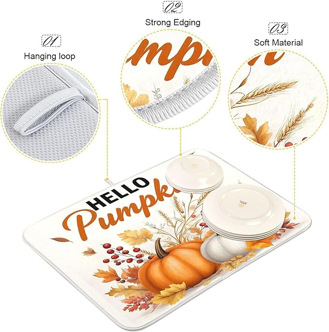 Hello Pumpkin Dish Drying Mat for Kitchen Countertop 18x24 Fall Harvest Leaves - Image 4