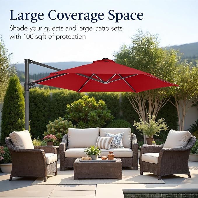 Best Choice Products 10ft Offset Cantilever Hanging Market Patio Umbrella, Smooth 360° Rotation, 8 Sturdy Ribs, Easy Adjustment - Red - Image 4
