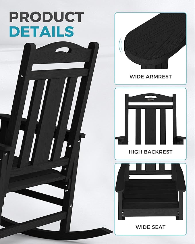 Ciokea Oversized Outdoor Rocking Chairs Set of 2, 380lbs Heavy-Duty Large Patio Rocker, High Back Cozy Porch Chairs, Weather Resistant Patio Rocking Chairs for Outside, Fire Pit, Deck, Black - Image 6