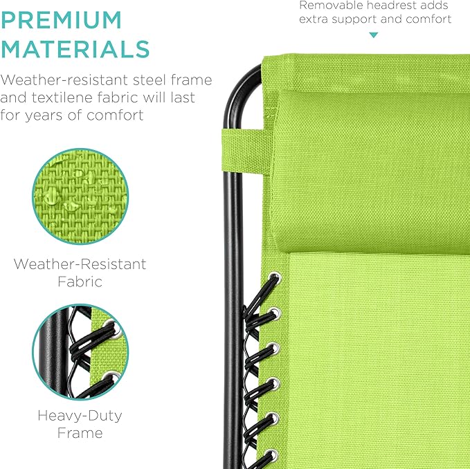 Best Choice Products Set of 2 Adjustable Steel Mesh Zero Gravity Lounge Chair Recliners w/Pillows and Cup Holder Trays - Lime Green - Image 7
