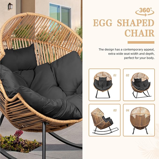 Vongrasig Wicker Rocking Egg Chair PE Rattan with Cushion, Oversized Patio Lounge Rocker Chair for Outdoor, Indoor, Balcony, Backyard, Garden, Black - Image 7