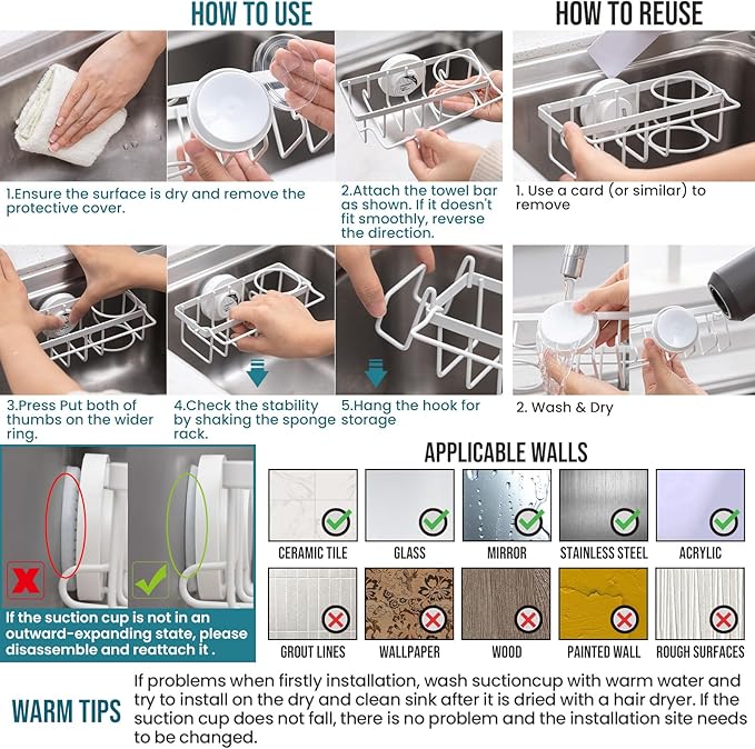 TAILI Sponge Holder with Strong Suction Cup, 4-in-1 Rustproof Sink Organizer - Image 8