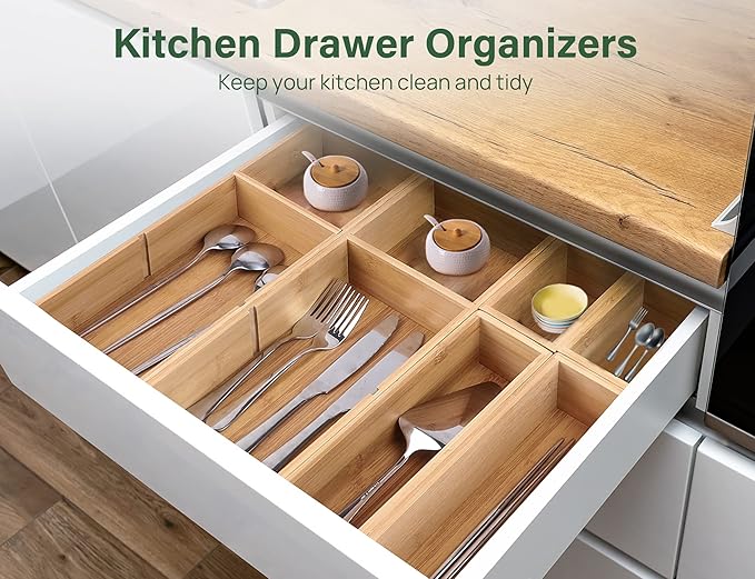 Kootek 6 Pcs Bamboo Drawer Organizer Utensil Tray Kitchen Storage Box 3-Size - Image 6