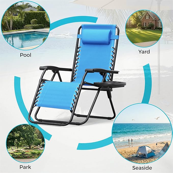 Homall Zero Gravity Chair Patio Folding Lawn Outdoor Lounge Gravity Camp Reclining Lounge Chair with Cup Holder Pillows for Poolside Backyard and Beach Set of 4 (Sky Blue) - Image 7