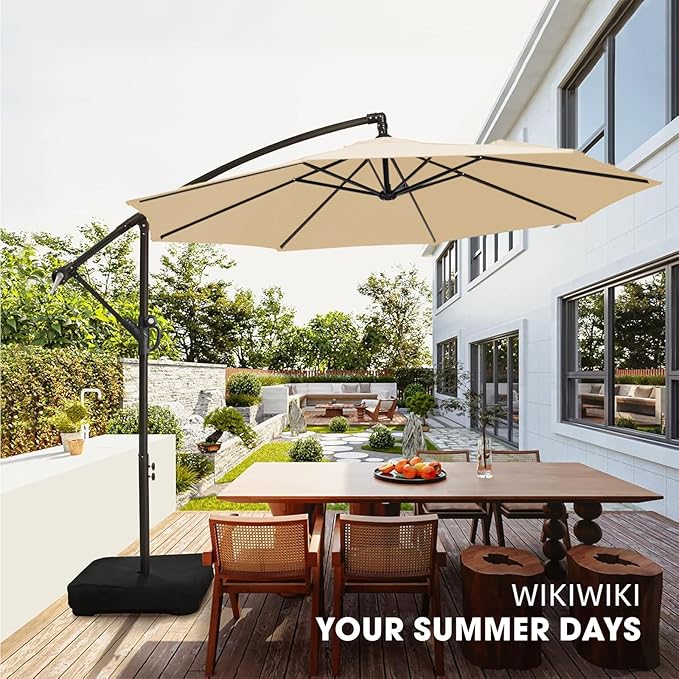 wikiwiki 10ft Patio Umbrella with Base Included, Outdoor Offset Cantilever Umbrella with Sandbag Base for Backyard, Garden and Pool, Easy to Tilt and Crank, Beige - Image 8