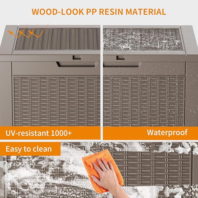 ROJIK Outdoor Storage Housing Deck Box - Waterproof Patio Furniture, Garden Tools, Cushions, Pool Accessories Storage Bench with Lockable Lid and Side Handles (Grey Rattan, 30 Gal) - Image 4