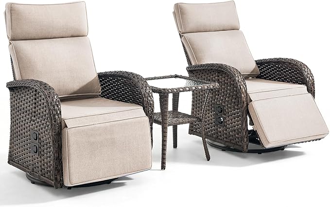3 Pieces Zero Gravity Patio Swivel Rocking Recliner Chairs Set of 2 - Wicker Outdoor Lounge Chair with Side Table, Adjustable Backrest & Footrest, High Back Outdoor Recliner Chair for Pool Deck Beige - Image 7