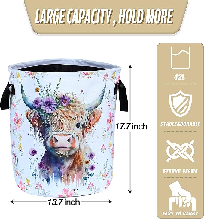 Highland Cow Laundry Basket Foldable Waterproof Oxford Cloth Funny Tote Bag - Image 2