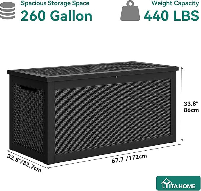 YITAHOME XXL 260 Gal Large Deck Box, Outdoor Resin Storage Box, Rattan Storage Container for Patio Furniture, Garden Tools, Waterproof, Lockable (Black) - Image 6