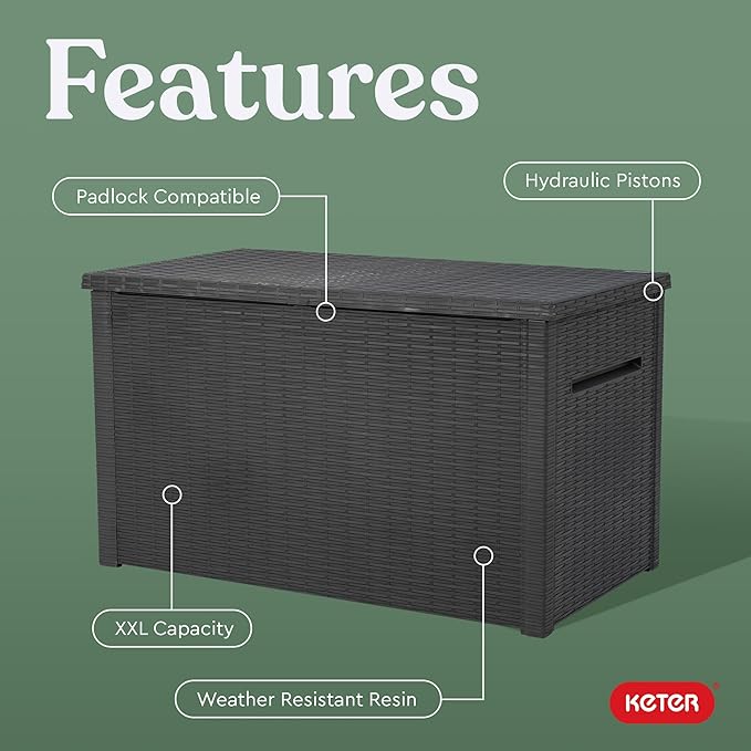 Keter Java XXL 230 Gallon Resin Rattan Look Large Outdoor Storage Deck Box for Patio Furniture Cushions, Pool Toys, and Garden Tools, Dark Grey - Image 3