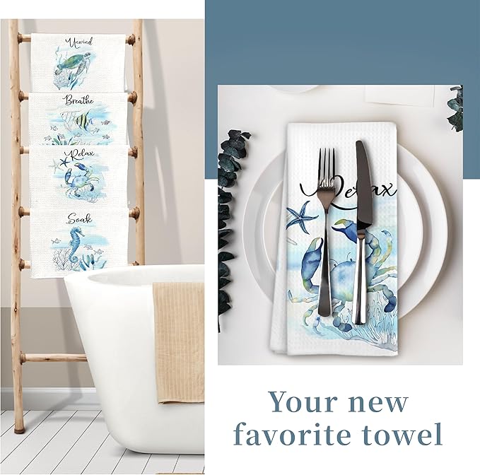 Watercolor Coastal Beach Hand Towels, Sea Horse Turtle Fish Crab Unwind Breathe - Image 7