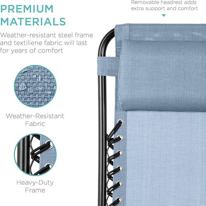 Best Choice Products Set of 2 Adjustable Steel Mesh Zero Gravity Lounge Chair Recliners w/Pillows and Cup Holder Trays - Dusty Blue/Black - Image 6