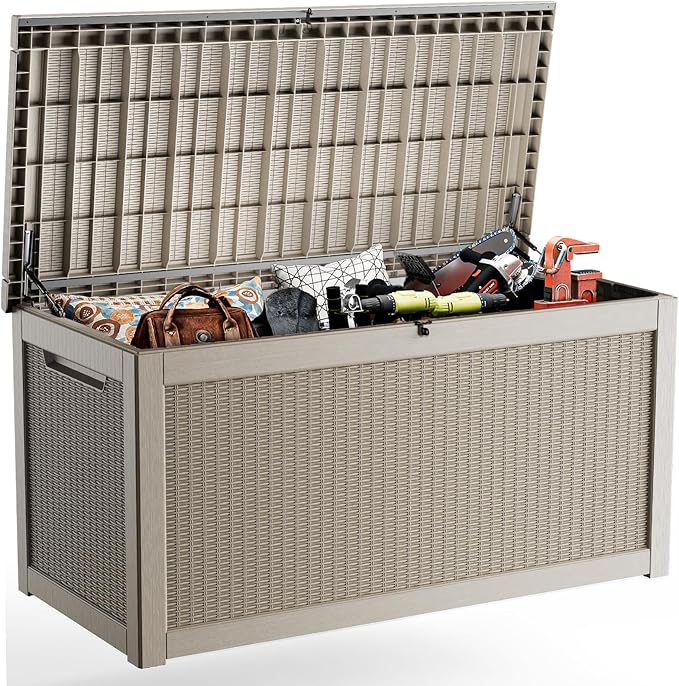 320 Gallon Outdoor Deck Box, Lockable Waterproof Outdoor Storage Boxes For Garden Tools,Indoor Cushions,Accessories Outside Storage Resin Weatherproof Container(Grey) by MAIUSCOLI