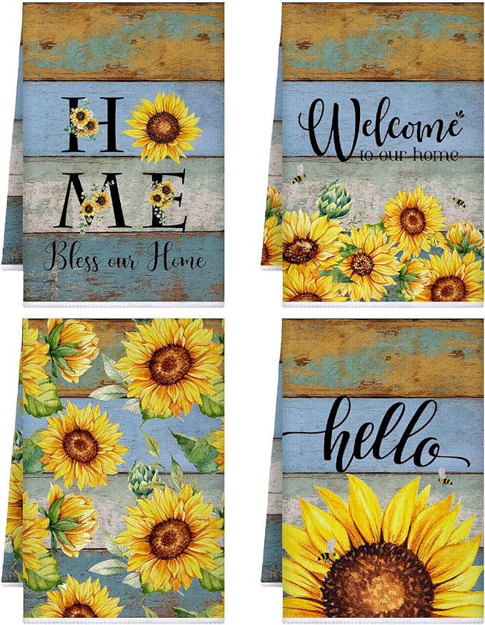 Bencailor 4 Pcs Sunflower Kitchen Towels Farmhouse Wood Grain Hand Dish Towels by Bencailor