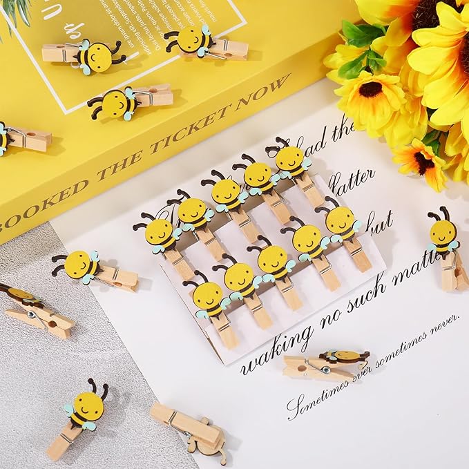 50Pcs Bee Wooden Clip with Jute Twine Cute Clothespin Craft Clip Decorative - Image 5