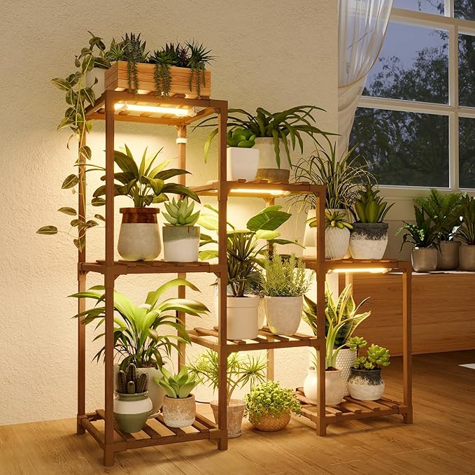 Bamworld Plant Stand with Grow Light Plant Shelf for Mutiple Pots 3 Tiers Ladder Plant Holder for Living Room Patio Boho Home Decor for Gardening Warm Light by Bamworld