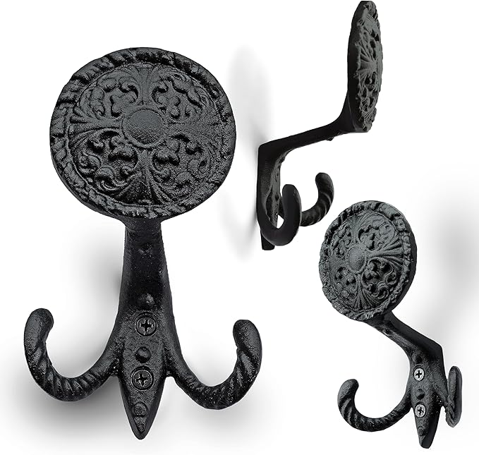 Ambipolar 3-Pack Fleur de lis Plate Style Coat Hooks, Vintage Black Hooks - Image 2