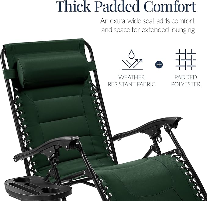 Best Choice Products Oversized Padded Zero Gravity Chair, Folding Outdoor Patio Recliner, XL Anti Gravity Lounger for Backyard w/Headrest, Cup Holder, Side Tray, Polyester Mesh - Forest Green - Image 4