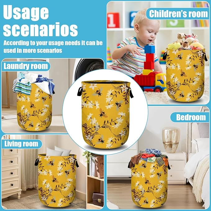 Bee Flower Laundry Basket, Spring Floral Laundry Hamper Collapsible Oxford Cloth - Image 7