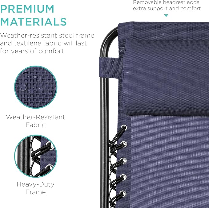 Best Choice Products Set of 2 Adjustable Steel Mesh Zero Gravity Lounge Chair Recliners w/Pillows and Cup Holder Trays - Navy Blue - Image 6