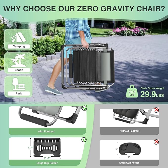 Suteck Oversized Zero Gravity Chair, 29In XL Outdoor Recliner Chair w/Removable Cushion&Headrest, Camping Lounge Chair w/Upgraded Lock&Footrest, Reclining Patio Chairs for Indoor Outdoor,500LBS - Image 5