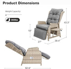 Outdoor Recliner with Adjustable Back and Footrest, Patio 150° Lay Flat Recliner with Flip Table Wicker Reclining Lounge Chair, Grey with Beige Wicker - Image 2