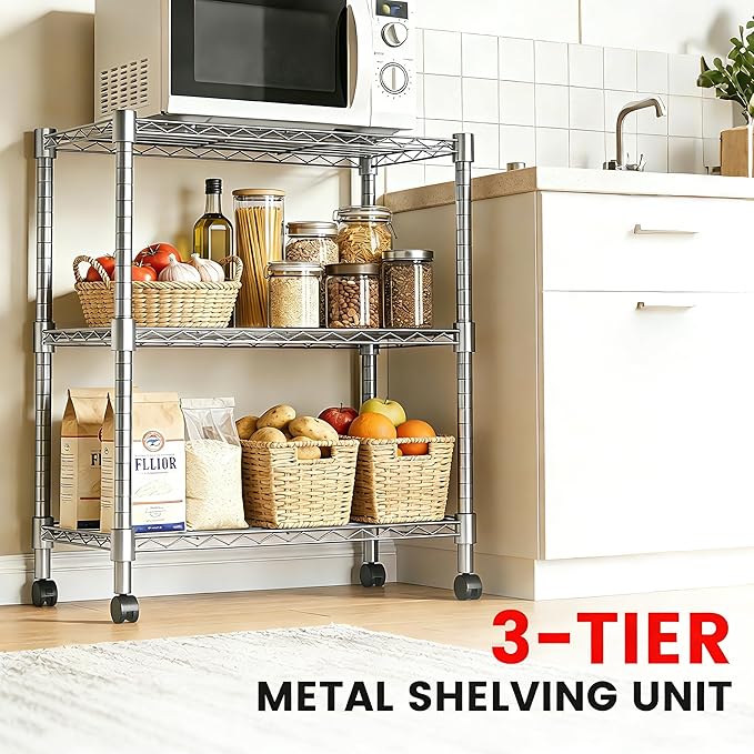 Xcity Storage Shelves, 3 Tier Heavy Duty Metal Shelving Unit with Wheels, 1050 LBS Capacity Adjustable Steel Wire Shelf Organizer for Pantry, Kitchen, Garage, 14" D x 24" W x 30" H, Chrome - Image 3