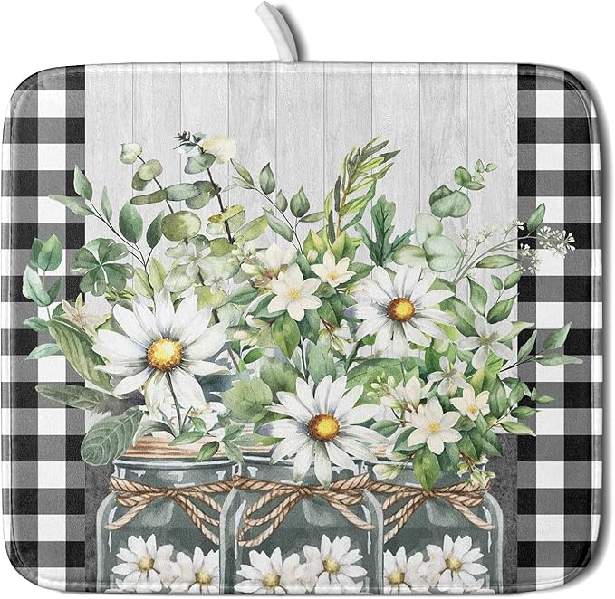 Spring White Daisy Flowers Dish Drying Mat by Kawani