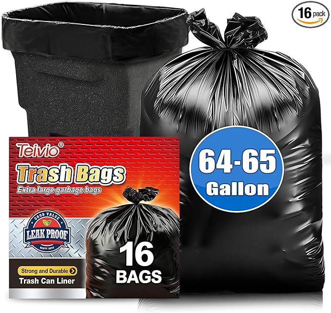 Teivio Large Black Trash Bags 64-65 Gallon 16 Counts Industrial Sturdy Garbage by Teivio