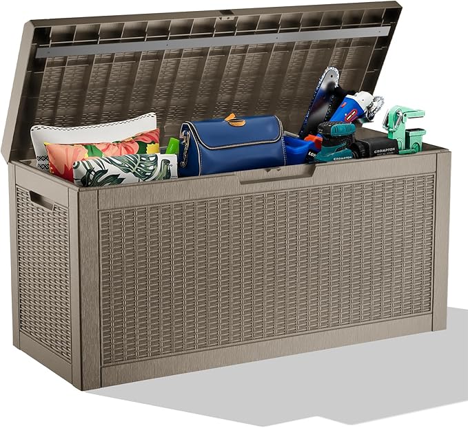ROJIK Outdoor Storage Housing Deck Box,Waterproof Patio Furniture, Garden Tools, Cushions, Pool Accessories Storage Bench with Lockable Lid and Side Handles (Grey,60 Gallon) by ROJIK