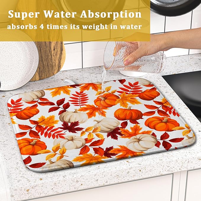 Fall Dish Drying Mat for Kitchen Counter Watercolor Pumpkins Autumn Leaves - Image 7