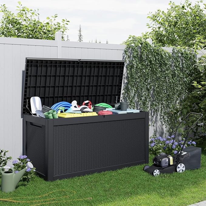320 Gallon Outdoor Deck Box, Lockable Waterproof Outdoor Storage Boxes For Garden Tools,Indoor Cushions,Accessories Outside Storage Resin Weatherproof Container(Black) - Image 7